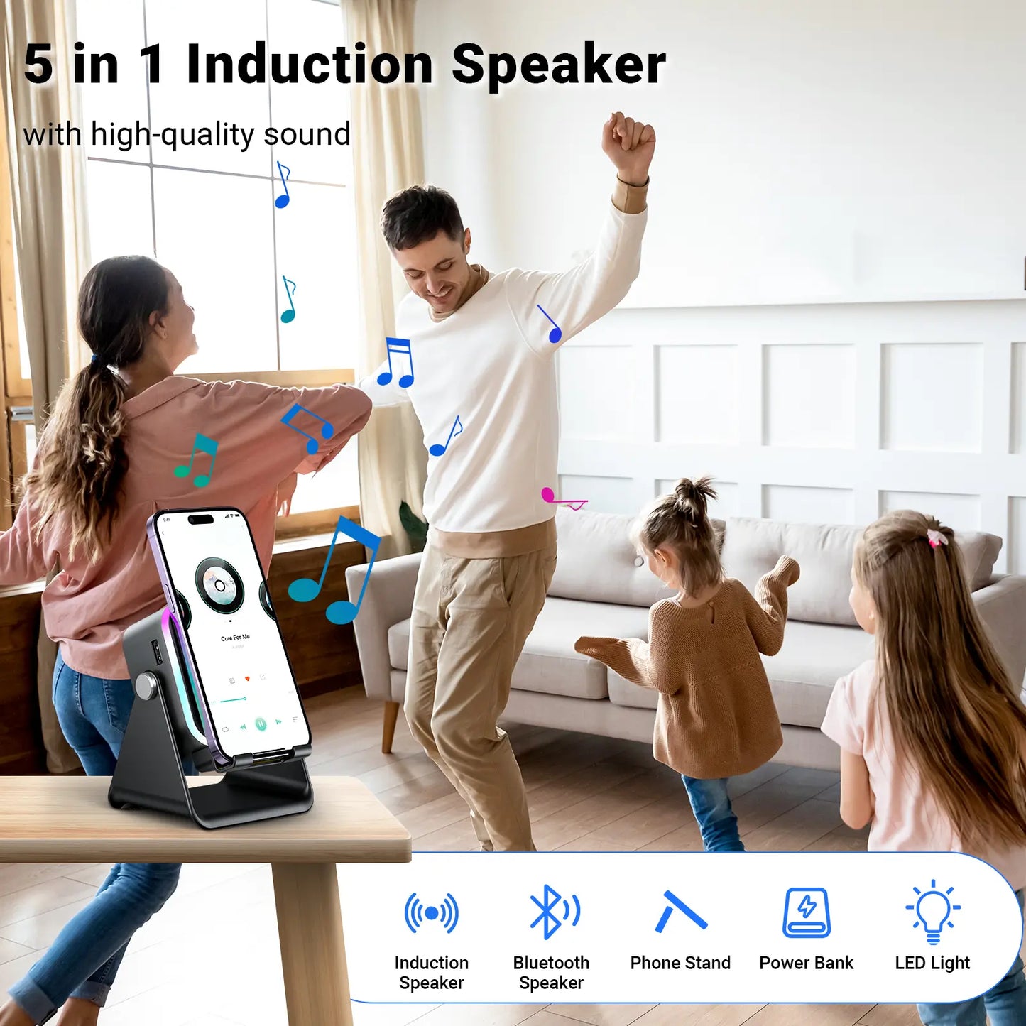 Wireless Induction Audio Speaker Stand, 5In1 Cellphone Holder, 3500Mah Rechargeable Emergency Power Bank,360° Adjustable Mobile Tablet Stand with Colorful Ambient Light Gifts for Men Women Mothersdaygift