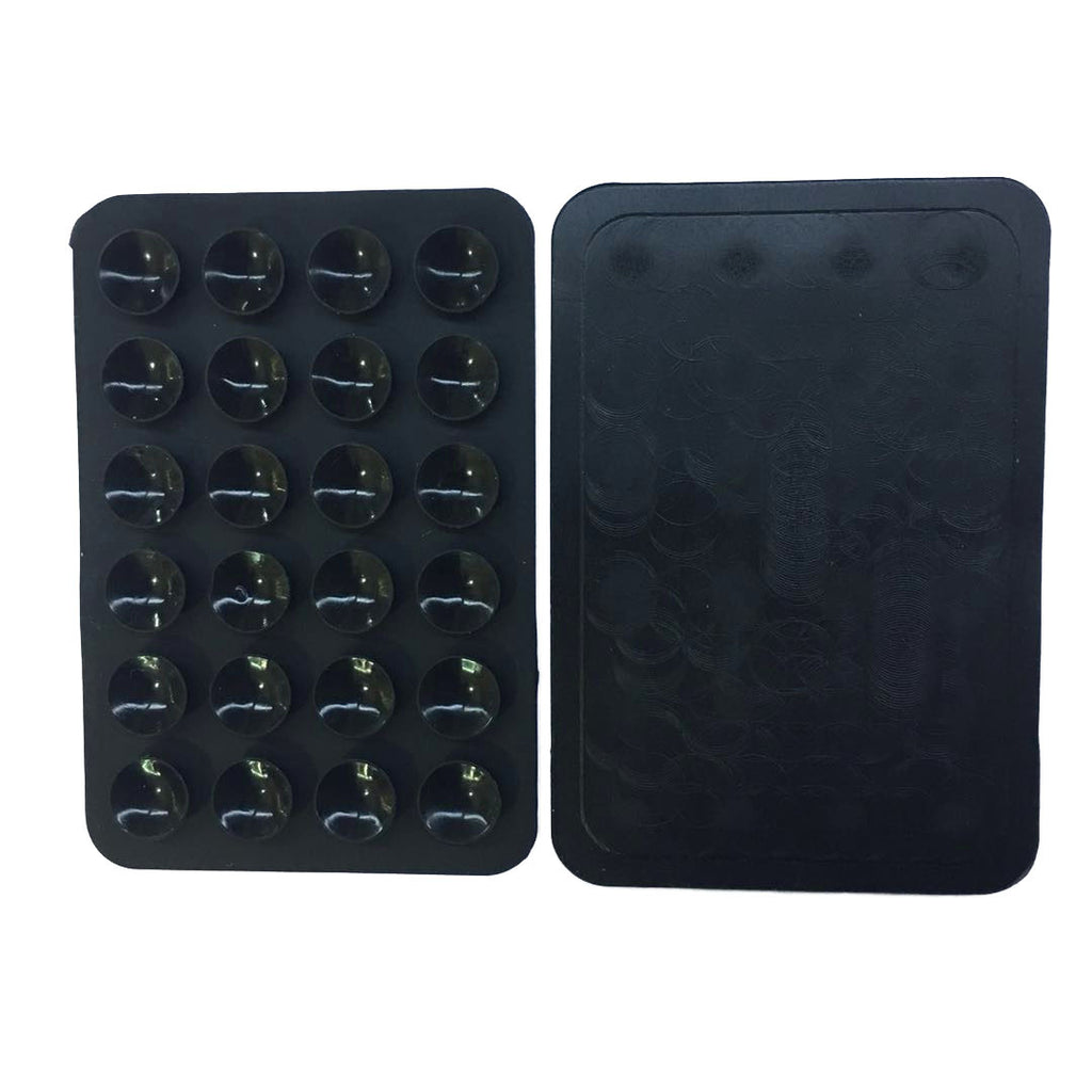 Black silicone suction grip pad shown from the suction side and smooth back.