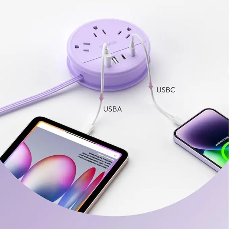 NTONPOWER Travel Power Strip Cruise Approved, 7-In-1 with 3 AC Outlets & 4 USB (2 USB-C), Flat Plug 4FT Wrapped around Extension Cord, Travel Essentials for Cruise, Hotel & Dorm, Purple round Strip, Smart USB Charging