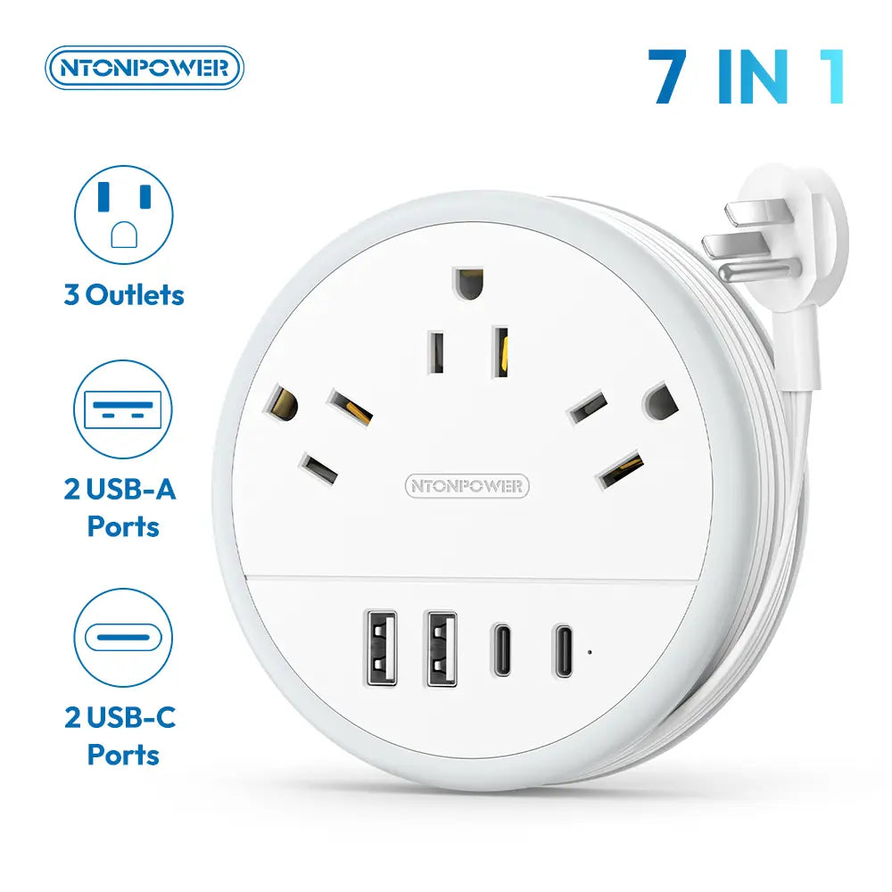 NTONPOWER Travel Power Strip Cruise Approved, 7-In-1 with 3 AC Outlets & 4 USB (2 USB-C), Flat Plug 4FT Wrapped around Extension Cord, Travel Essentials for Cruise, Hotel & Dorm, Purple round Strip, Smart USB Charging