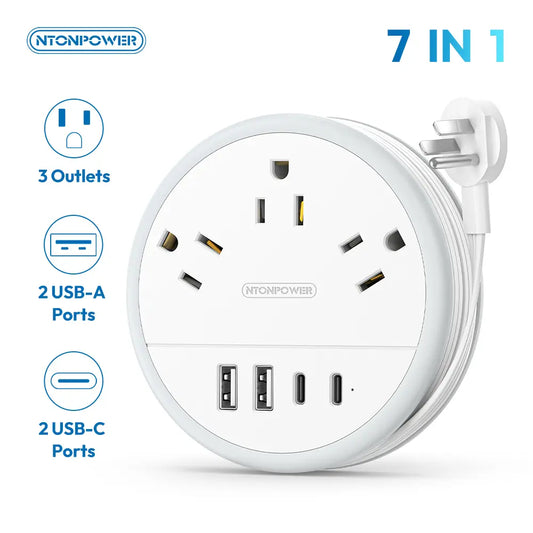 NTONPOWER Travel Power Strip Cruise Approved, 7-In-1 with 3 AC Outlets & 4 USB (2 USB-C), Flat Plug 4FT Wrapped around Extension Cord, Travel Essentials for Cruise, Hotel & Dorm, Purple round Strip, Smart USB Charging